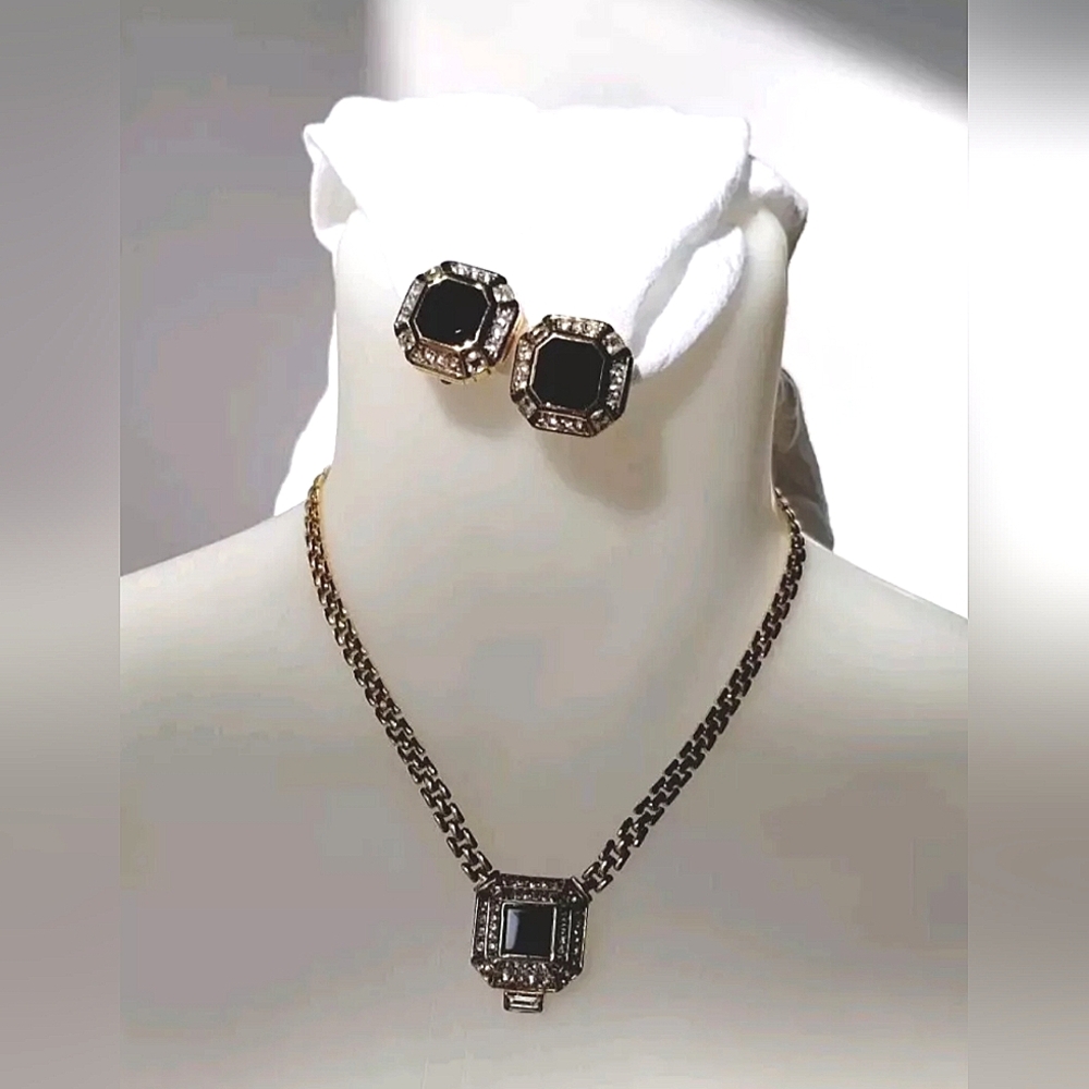 Vintage 90s Nina Ricci Necklace Earrings Set Gold Black Rhinestone Chic Elegant